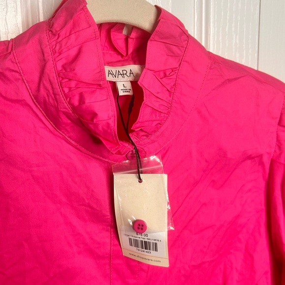 Avara Women’s Hot Pink Ruffle Bubble Sleeve Button Down Blouse Size L NWT - Picture 6 of 8
